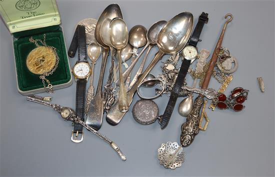 Mixed items including silver flatware, charm bracelet, wrist watch etc.